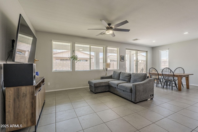 22463 E Desert Spoon Dr, Queen Creek, AZ 85142 - living area featuring ceiling fan, baseboards, light tile patterned floors, and recessed lighting