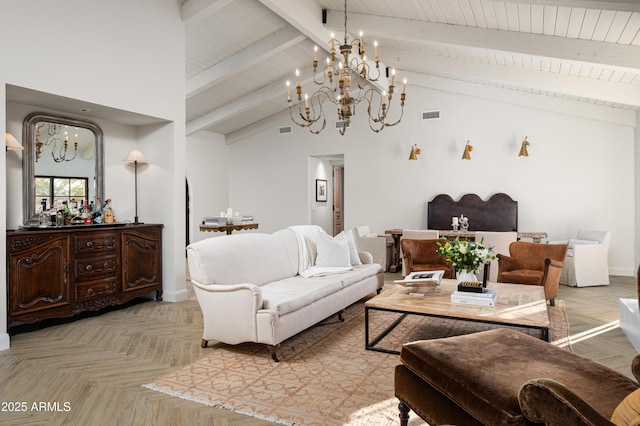 living room with beam ceiling, high vaulted ceiling, a chandelier, and light parquet floors