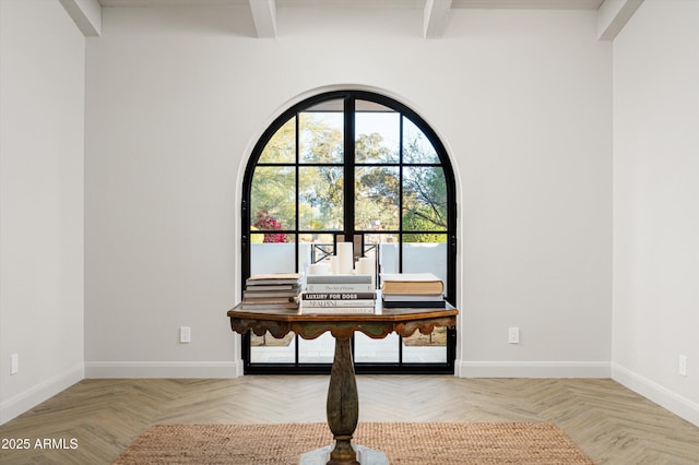 interior details featuring parquet flooring