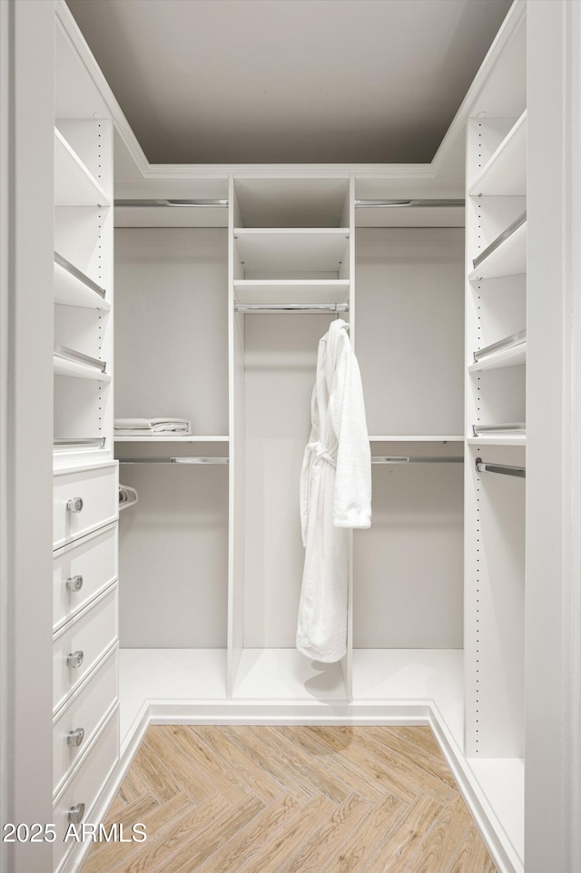 spacious closet featuring light parquet floors