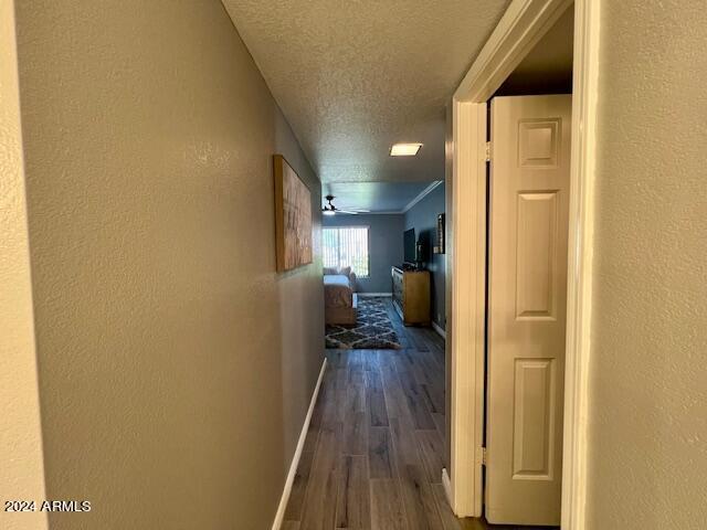 19014 N 91st Dr, Peoria, AZ 85382 - corridor featuring a textured ceiling, baseboards, dark wood-style floors, and a textured wall