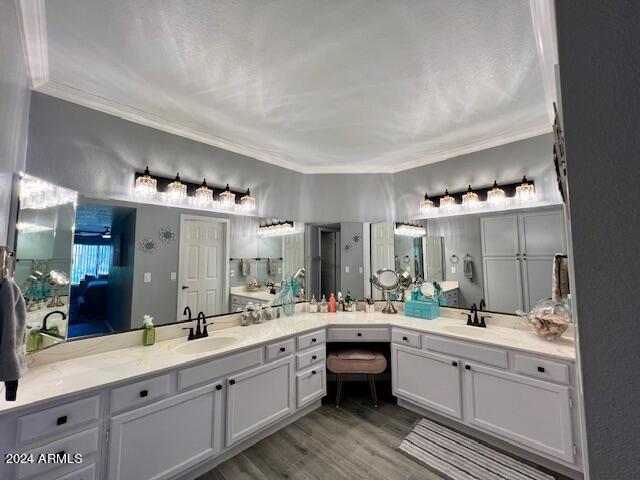 19014 N 91st Dr, Peoria, AZ 85382 - bathroom featuring crown molding, vanity, and wood finished floors