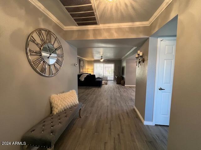 19014 N 91st Dr, Peoria, AZ 85382 - hallway with wood finished floors, crown molding, and baseboards