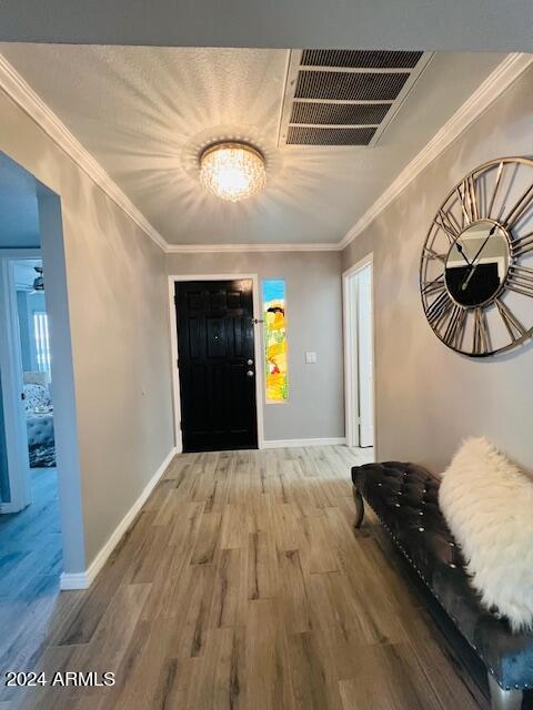 19014 N 91st Dr, Peoria, AZ 85382 - foyer with wood finished floors, baseboards, and ornamental molding