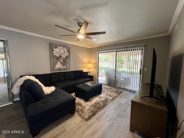 19014 N 91st Dr, Peoria, AZ 85382 - living area featuring wood finished floors, ornamental molding, plenty of natural light, and a ceiling fan
