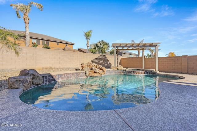 view of swimming pool featuring pool water feature, a pergola, and an in ground hot tub