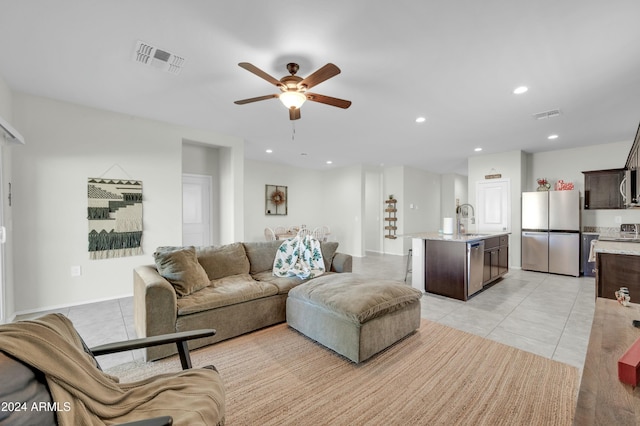 4714 W Nutmeg Ave, Coolidge, AZ 85128 - living area featuring light tile patterned floors, ceiling fan, and recessed lighting