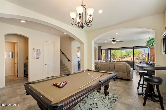 8733 E Jacaranda St, Mesa, AZ 85207 - playroom with arched walkways, ceiling fan with notable chandelier, billiards, and recessed lighting