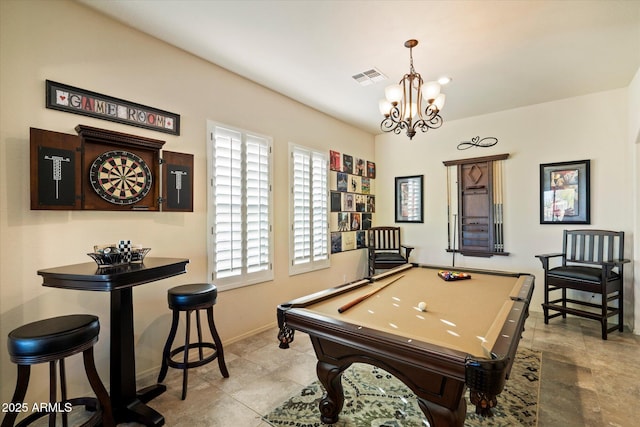 8733 E Jacaranda St, Mesa, AZ 85207 - game room featuring visible vents, baseboards, a notable chandelier, and pool table