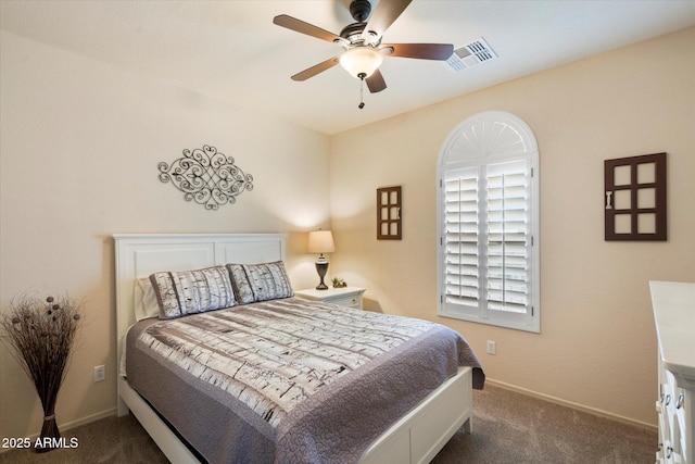 8733 E Jacaranda St, Mesa, AZ 85207 - bedroom with visible vents, baseboards, a ceiling fan, and carpet flooring