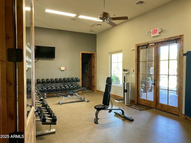 8733 E Jacaranda St, Mesa, AZ 85207 - exercise area featuring french doors, visible vents, and a ceiling fan