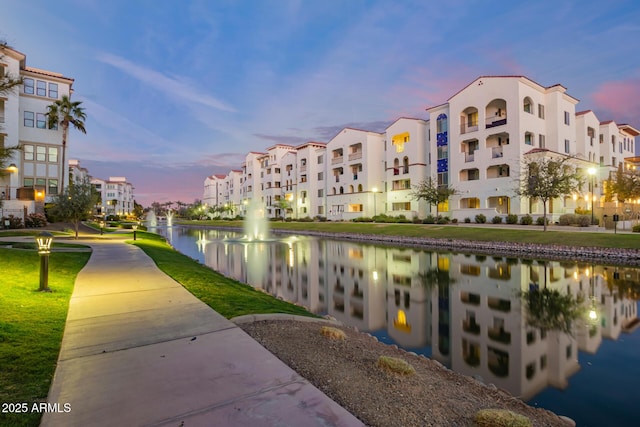 exterior space with a water view