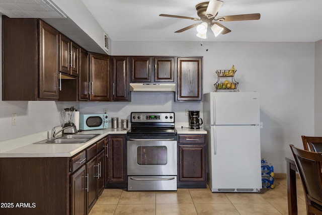 kitchen with sink, stainless steel electric range, light tile patterned floors, dark brown cabinets, and white refrigerator