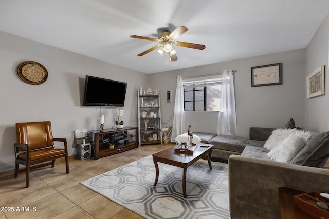 tiled living room featuring ceiling fan