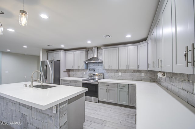 kitchen with visible vents, decorative backsplash, appliances with stainless steel finishes, a sink, and wall chimney exhaust hood