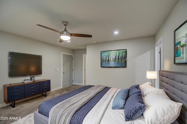 bedroom with recessed lighting, light carpet, ceiling fan, and baseboards