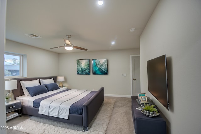 bedroom with ceiling fan, recessed lighting, light carpet, visible vents, and baseboards