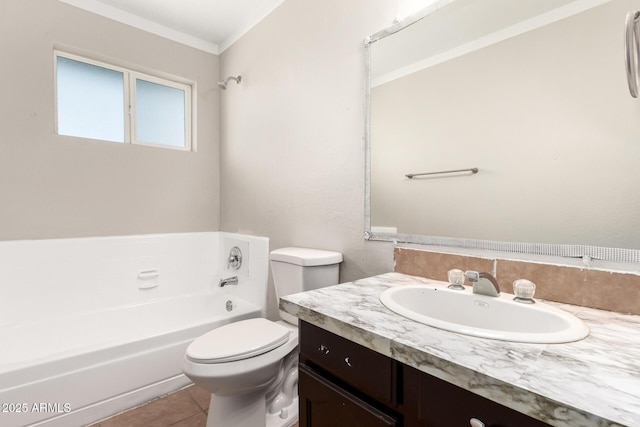 full bath featuring toilet, a garden tub, vanity, and tile patterned flooring