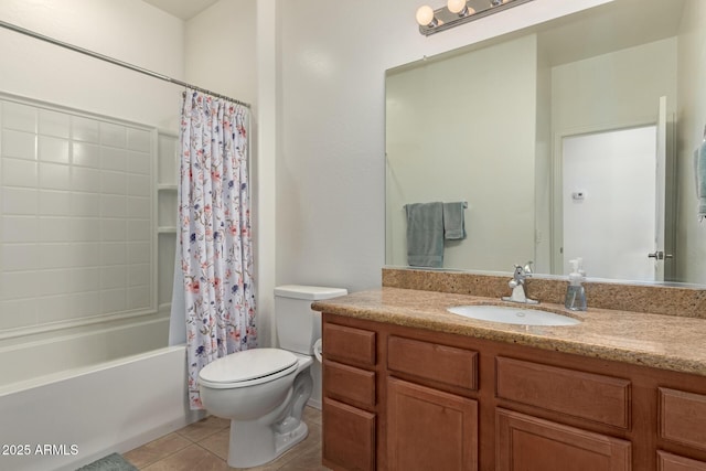 bathroom with toilet, tile patterned flooring, shower / bath combination with curtain, and vanity