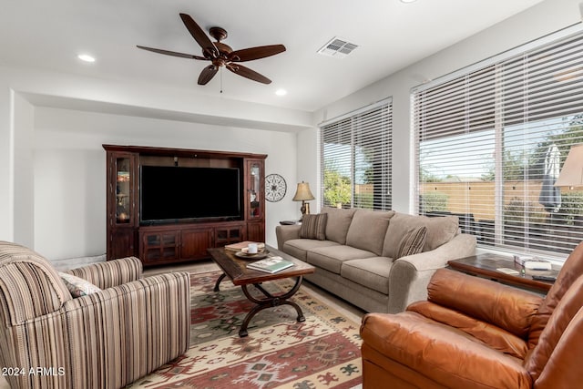 living room with ceiling fan