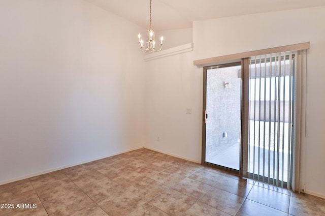 19002 N Toledo Ave, Maricopa, AZ 85138 - unfurnished room with vaulted ceiling, tile patterned flooring, a chandelier, and baseboards