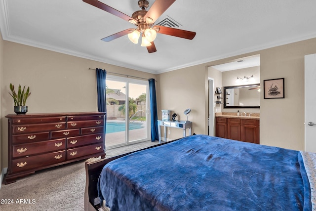 carpeted bedroom with ornamental molding, access to outside, ceiling fan, and ensuite bath