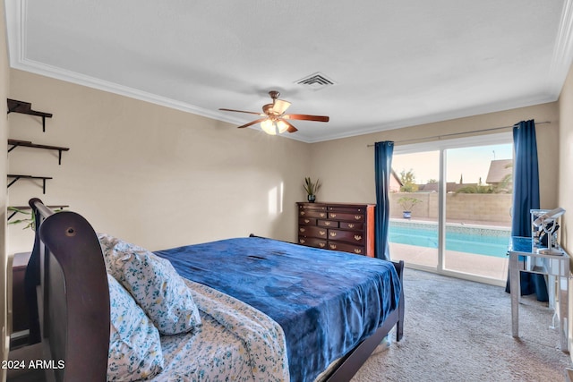 carpeted bedroom featuring ceiling fan, crown molding, and access to outside