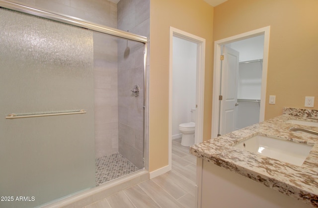 bathroom featuring vanity, toilet, and an enclosed shower