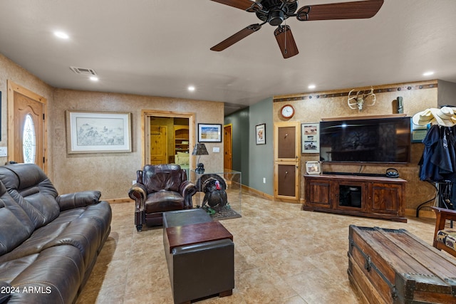 living room with ceiling fan