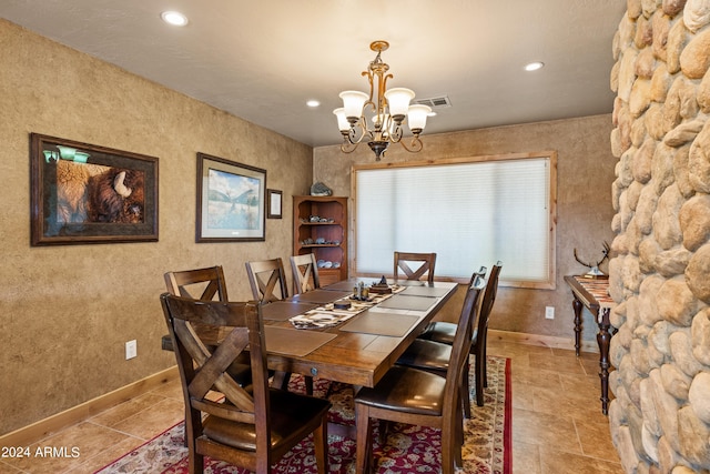 dining area featuring a chandelier, visible vents, recessed lighting, and baseboards