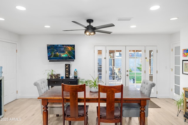 dining area featuring recessed lighting, ceiling fan, french doors, and light wood-type flooring