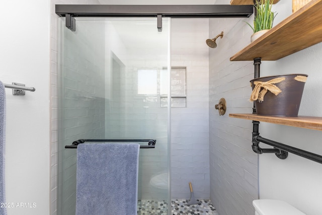 full bathroom featuring toilet and a shower stall