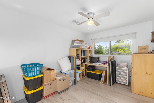 storage featuring visible vents and ceiling fan