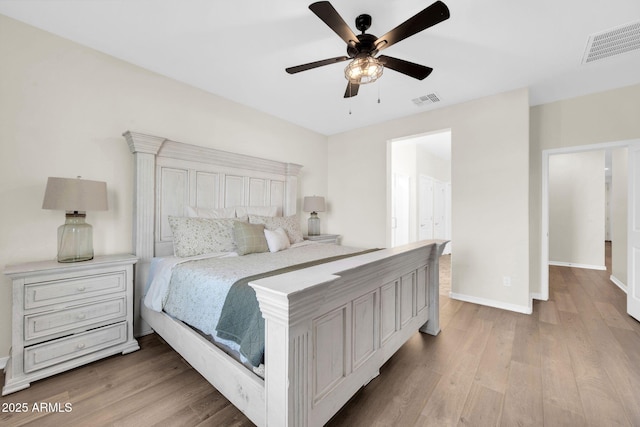 bedroom featuring ceiling fan and light wood-type flooring