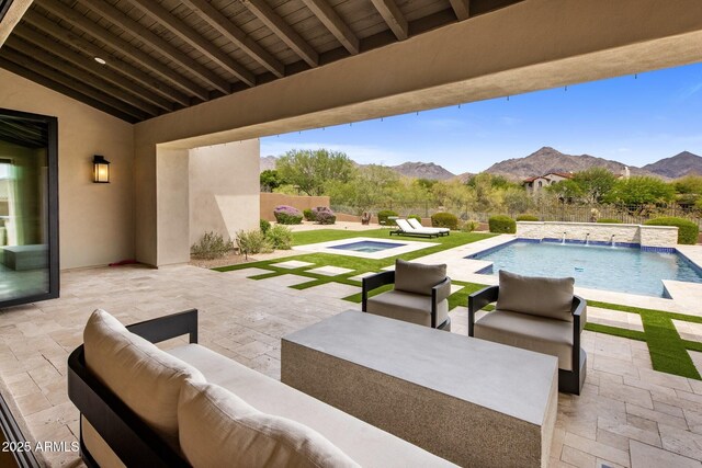 20055 N 96th Way, Scottsdale, AZ 85255 - fenced backyard featuring outdoor lounge area, a mountain view, and a patio