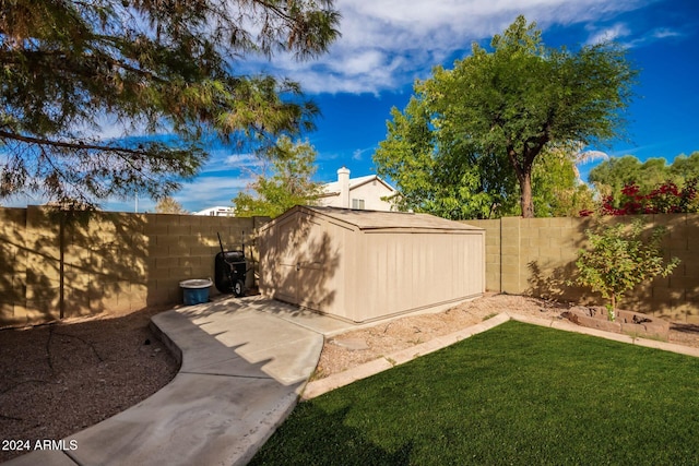 view of yard with a storage unit