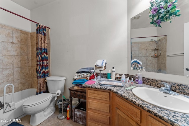 full bathroom featuring vanity, toilet, tile patterned floors, and shower / bath combo with shower curtain