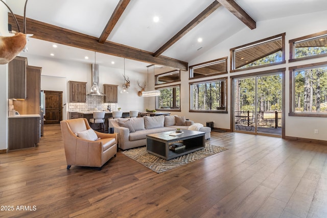 living room with dark hardwood / wood-style flooring, beam ceiling, and high vaulted ceiling