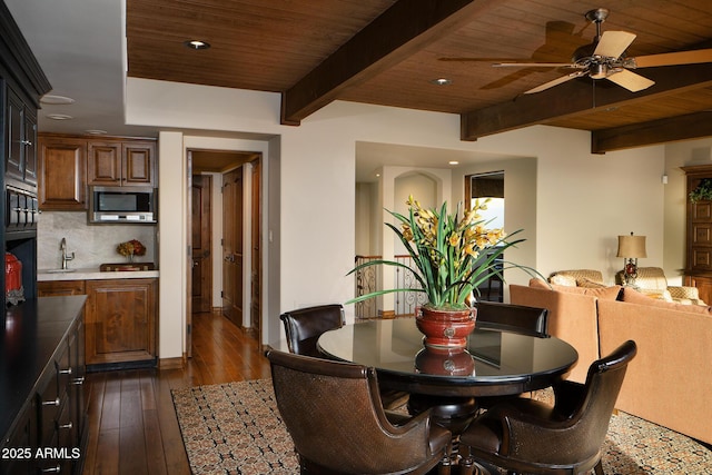 dining room with dark wood-type flooring, ceiling fan, wood ceiling, beam ceiling, and recessed lighting