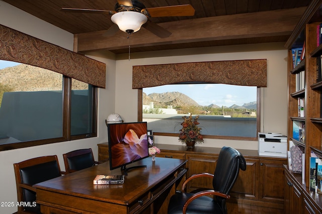 office area with a wealth of natural light, beam ceiling, wooden ceiling, and a ceiling fan