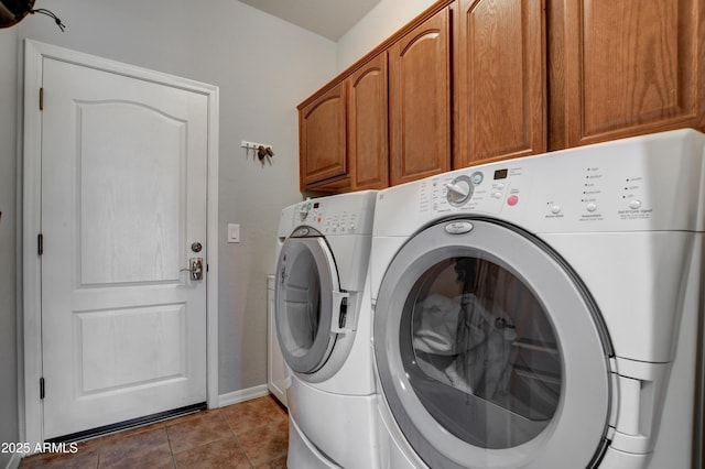 1527 Bainbridge Ln, Chino Valley, AZ 86323 - laundry room with washing machine and clothes dryer, cabinet space, tile patterned floors, and baseboards