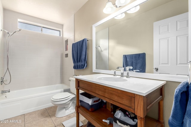 bathroom with vanity, bathtub / shower combination, toilet, and tile patterned floors