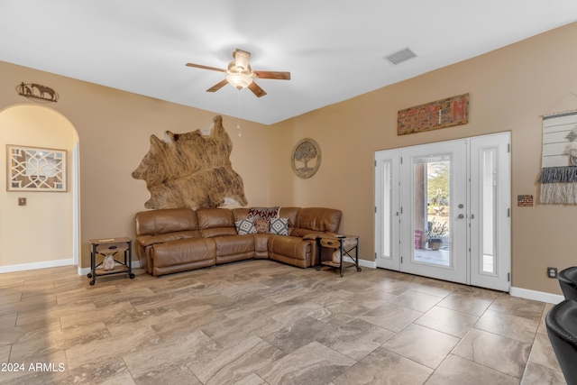 living room with ceiling fan