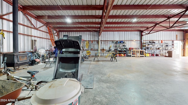 garage with a wood stove