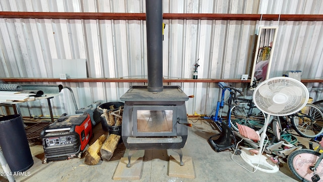 garage with a wood stove