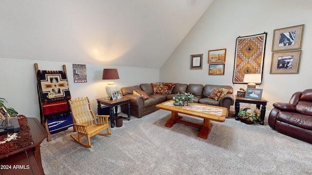 living room with carpet floors and lofted ceiling