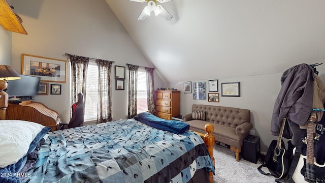 bedroom featuring ceiling fan, lofted ceiling, and light carpet