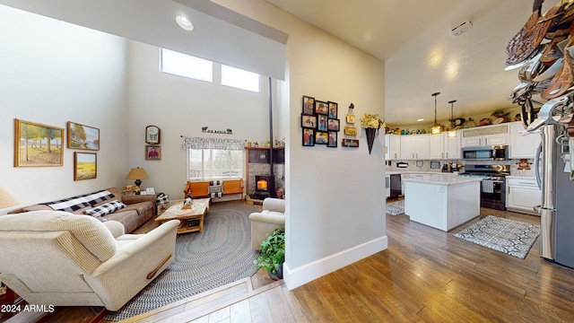 living room featuring a high ceiling and wood-type flooring