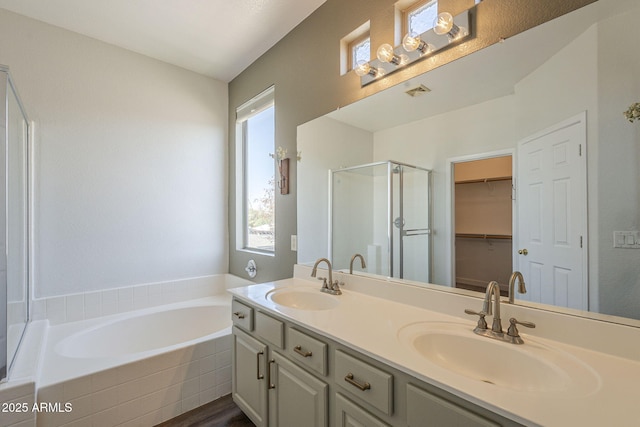 1886 E Don Carlos Ave Unit 136, Tempe, AZ 85281 - bathroom with plenty of natural light, a stall shower, a bath, and double vanity