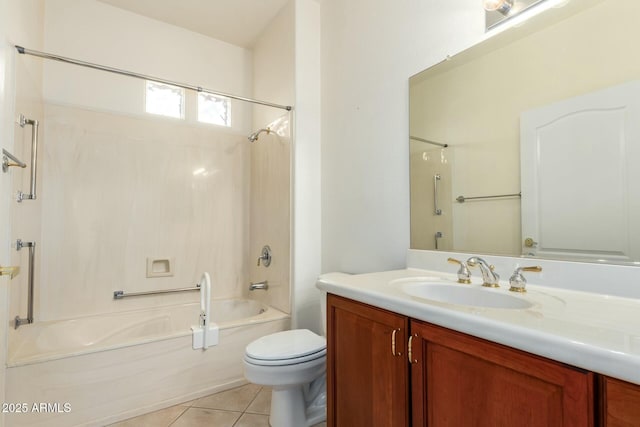 full bathroom with shower / bathing tub combination, vanity, tile patterned floors, and toilet